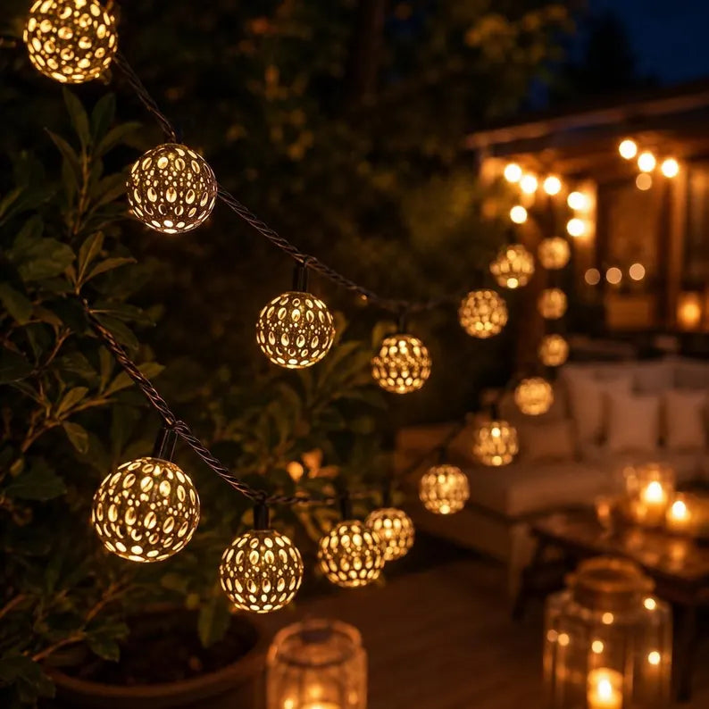 Solar LED Moroccan String Lights, Waterproof Garden, Outdoor, Wedding, Halloween, Party, Accent 50 30 20 LED Ball