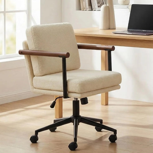 Home Office Chair, Upholstered Desk Chair Height Adjustable, Vanity Chair with Wooden Armrests and Castors