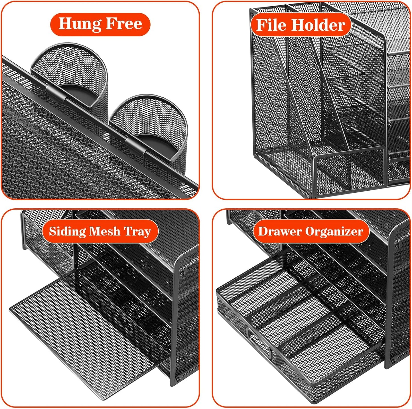 Desk Organizer with File Holder, 5-Tier Paper Organizer with Drawer and 2 Pen Holders
